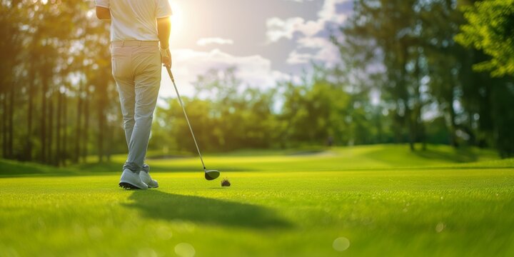 A male golfer prepares to hit the ball on a sunlit golf course, a scene epitomizing leisure, sport, and precision