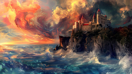 A castle perched on the edge of a cliff, overlooking a sea of swirling colors instead of water