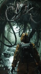 Fototapeta premium Imagine a biohazard suit-clad scientist frozen in terror as unseen forces close in
