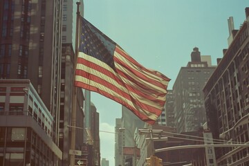 US flag flying in city street amidst towering buildings