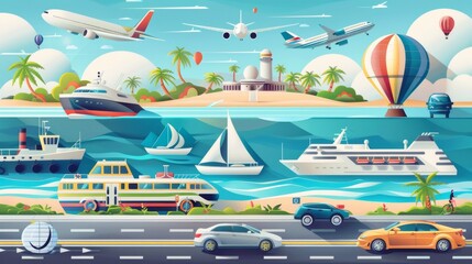Different modes of transportation, including cars, planes, and ships.