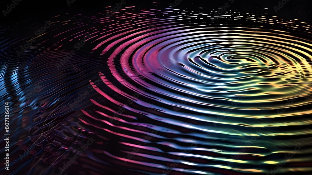 Poster iridescent ripples across a black background forming captivating concentric patterns