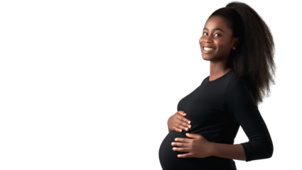 Pregnant Black Woman holding belly isolated on white transparent isolated background, Happy pregnant woman expecting baby 
