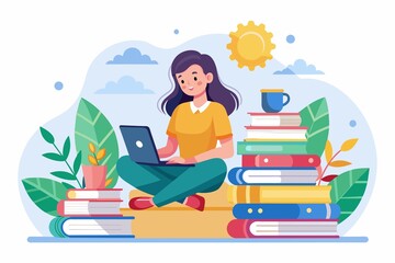 A woman is sitting with a laptop open in front of a stack of books, woman in front of a laptop sitting with books on online learning, Simple and minimalist flat Vector Illustration