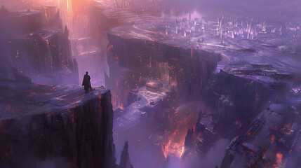 A city built within the confines of a massive crater, surrounded by jagged cliffs