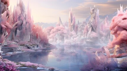 Beautiful fantasy landscape with lake and pink clouds. 3d rendering