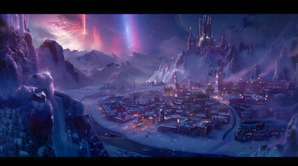 A city of ice and snow, where the northern lights dance in the sky above