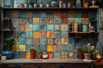 Interior of a coffee shop with ceramic tile wall and flower pots - Powered by Adobe