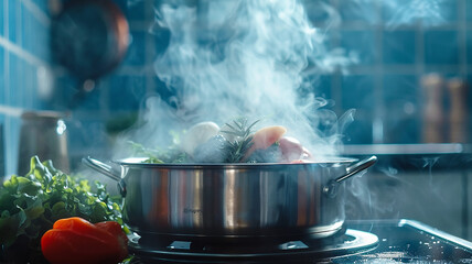 Boiled hot Healthy food on table