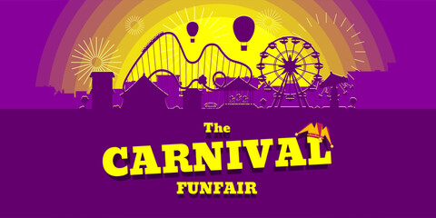 Carnival funfair horizontal banner. Amusement park with circus, carousels, roller coaster, attractions on sunset city backdrop. Fun fair landscape with fireworks. Ferris wheel and merry-go-round fest