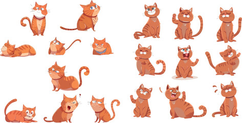 Cat behavior. Feline poses, cartoon cats characters funny emotions