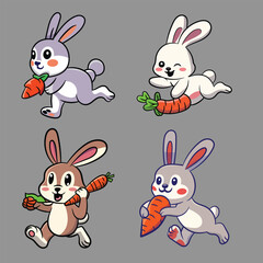 Vector cute rabbit set running with carrot cartoon icon illustration. Animal Nature Icon Concept Isolated Flat
