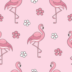 Seamless pattern with pink flamingo and flowers. 