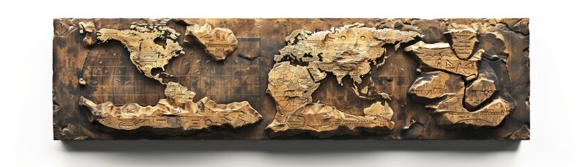 A large brown wooden sign with a map of the world on it