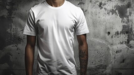   A man, clad in a white T-shirt, stands before a grungy wall An intricate tattoo adorns his arm