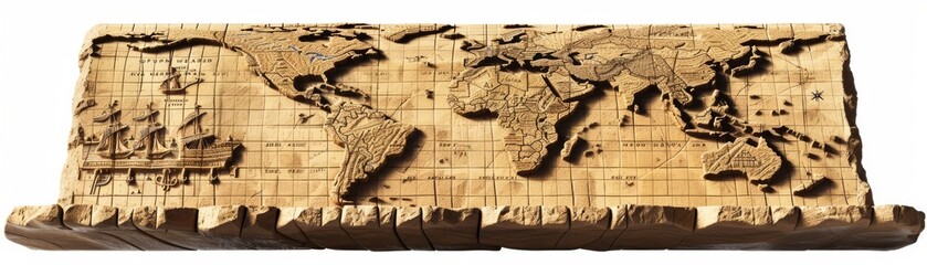 A wooden map of the world with a wooden shelf underneath it