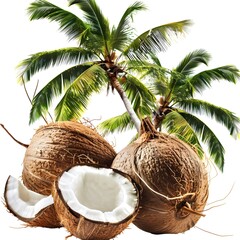 close up coconut on white background near plam trees 