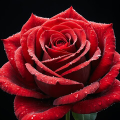 Close up of a red rose with water droplets on a black background.