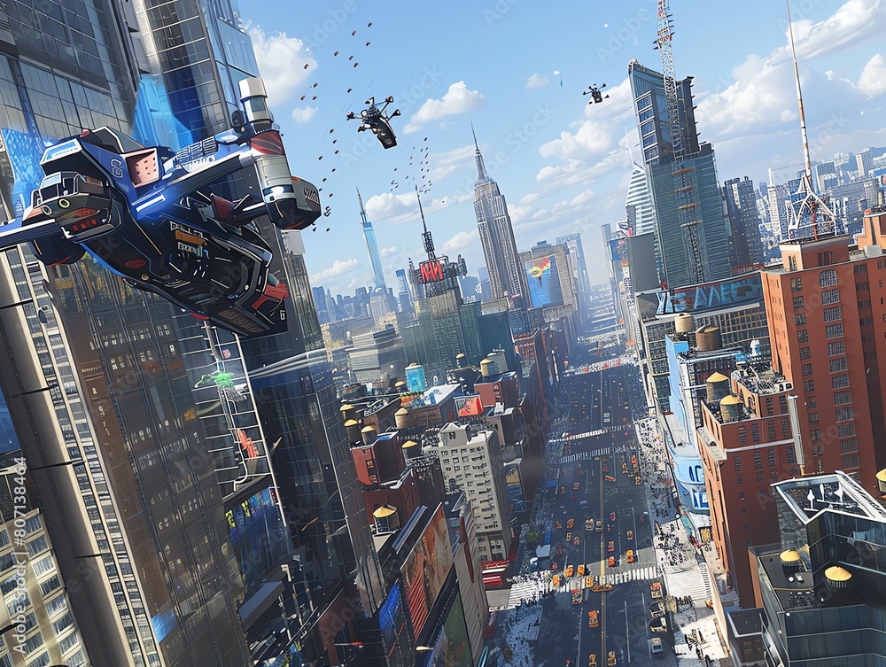 Poster transport viewers into a bustling cityscape through a high-angle view using photorealistic technique
