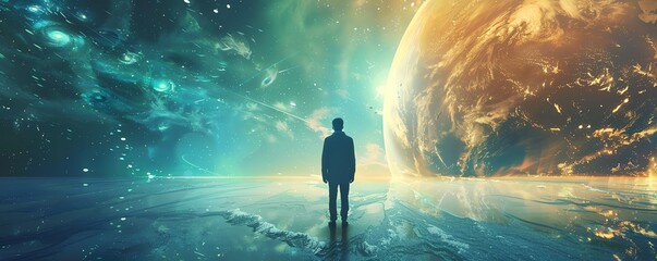 Transport viewers through time and space with a rear-facing viewpoint of urgent World News set against ethereal