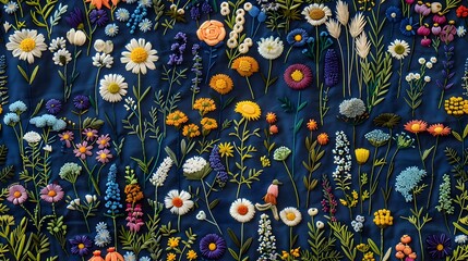 Luxurious Embroidered Wildflower Tapestry on Navy Linen with Intricate Botanical Detailing