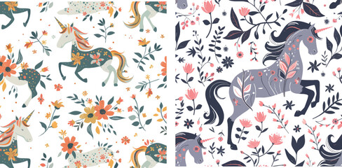 Fairytale unicorn with floral elements seamless pattern