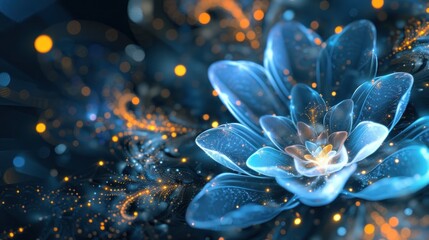 Futuristic fractal blue neon glowing flower petals with particles abstract background. Generated AI