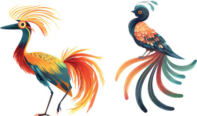 Bird with long feathers. Cartoon beautiful ornithology character, exotic flying animal