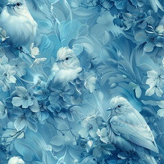 Exquisite blue floral scene with hummingbirds