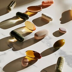 close up of pills and capsule , Mix of medical capsules in a line on light beige top view hard shadows Preventive medicine and
