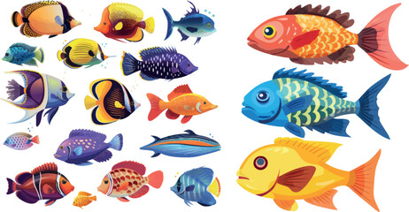 Colorful fishes swimming. Underwater wild fauna icon