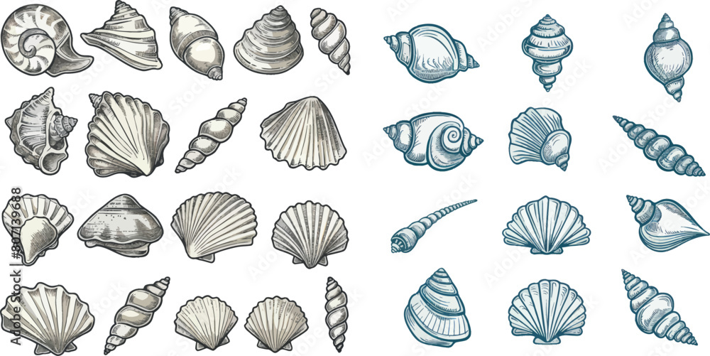 Poster vector sea shell or marine shells line icons set