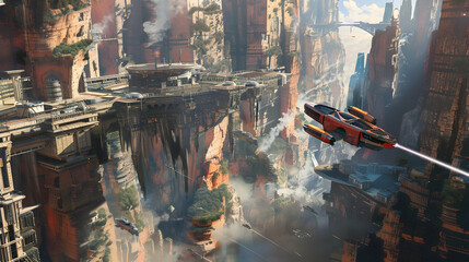 A cityscape where hovercrafts navigate through narrow canyons surrounded by towering cliffs