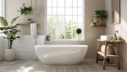 Interior of light bathroom with bathtub, sink and shelving unit