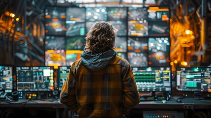 The head farmer stood in front of the control center. Surrounded by monitors showing real-time crop health data, it symbolizes the power of technology in agriculture.
