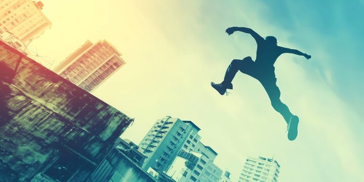 Dynamic silhouette of a man leaping between buildings against a sunset, embodying urban sports and freedom