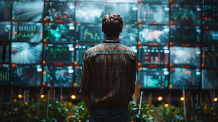 The head farmer stood in front of the control center. Surrounded by monitors showing real-time crop health data, it symbolizes the power of technology in agriculture.