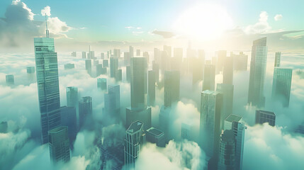 A cityscape where skyscrapers touch the clouds, reflecting sunlight off their glass surfaces