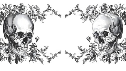 Antique Engraved Skull and Floral Border Design