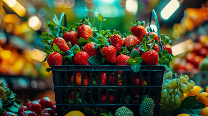 Plastic box with strawberries on blurred background of full store shelves filled with fruits and berries. Close up. - Powered by Adobe