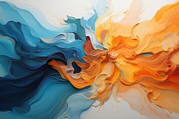 Beautiful abstraction of blue and orange liquid paints