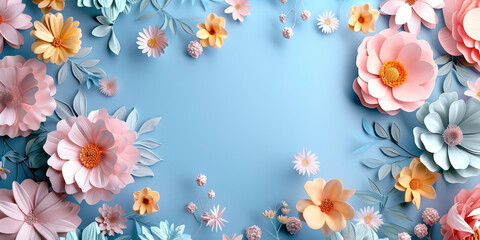 Beautiful 3D ing of delicate paper flowers arranged on a soft blue background with space for text