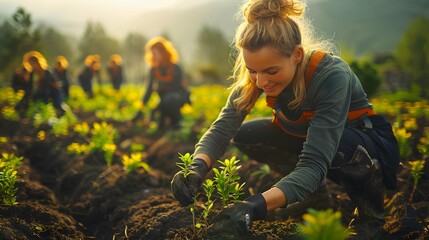 Group of volunteers planting trees in a deforested area, restoring ecosystems and promoting biodiversity conservation efforts