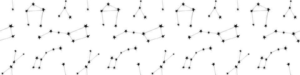 Vector seamless pattern of black different constellations on white background. Astronomy, space texture, design. Star chart, map