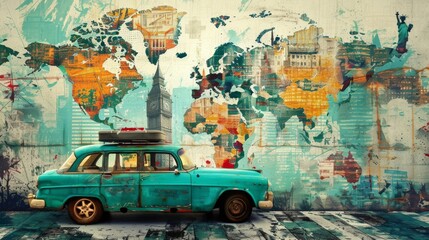 Fototapeta premium Taking a trip around the world in a car. Collage artwork.