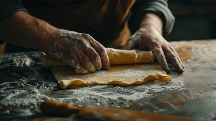 Closeup male hands rolling the dough for baking homemade of traditional pastry. Generated AI image - Powered by Adobe