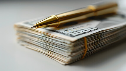 An inviting display of stacked hundred dollar bills secured by a rubber band with a luxurious golden pen resting on it