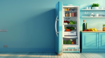 Open refrigerator filled with fruits and vegetables on blue wall background copy space. AI generated