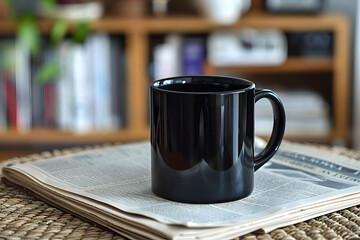 A sleek black coffee mug sits on a folded newspaper, capturing a relaxed morning ritual with a touch of modern lifestyle