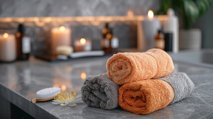 Cozy spa setting with neatly stacked towels, candles, and botanical elements under warm glowing lights for a relaxing atmosphere